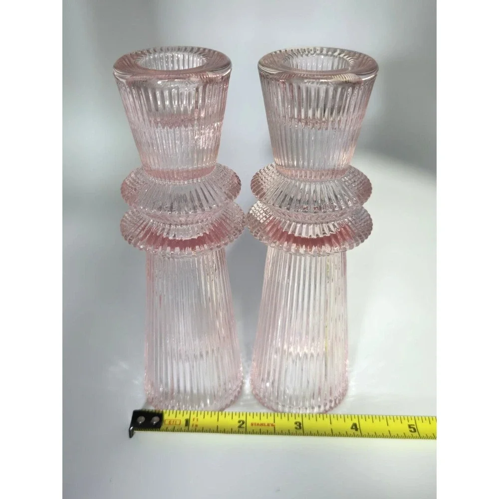 Mikasa Pink Glass‎ Candle Holder Pair Ribbed Column Bud Vases 6.25